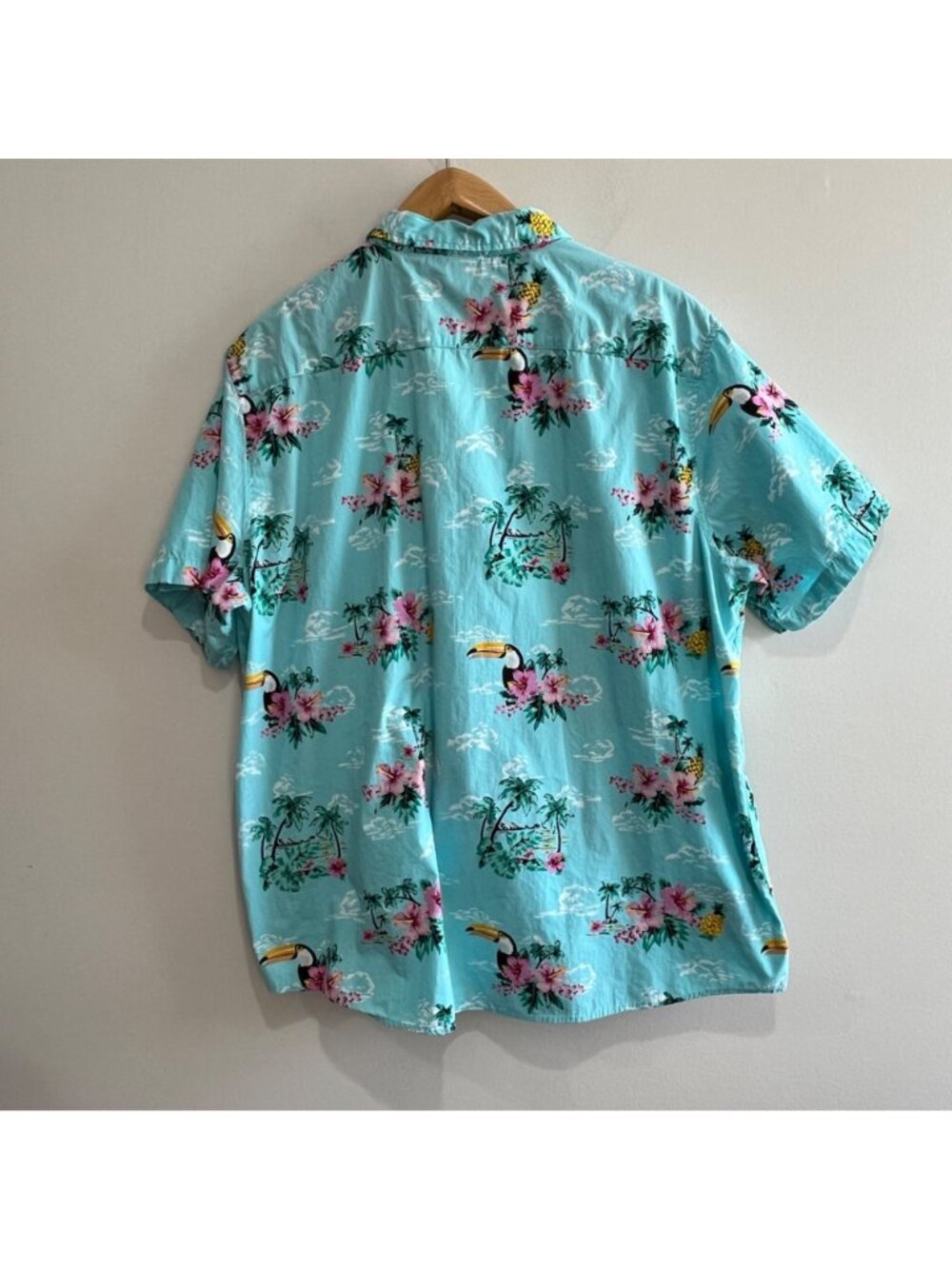 Ron Jon Hawaiian Shirt Mens XXL Turquoise Blue Tropical Print Toucan Resort Wear - Picture 2 of 5